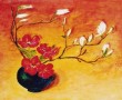 Kunstwerk bloemstilleven:vaas tulpen met magnoliatak