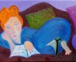 vrouw op donkerrode sofa Kunstwerk vrouw op donkerrode sofa