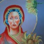 vrouw met zonnebloem Kunstwerk vrouw met zonnebloem