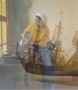 Kunstwerk melkmeisje, een schip vaart voorbij
