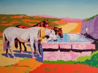 three horses drinking at fountain three horses drinking at fountain