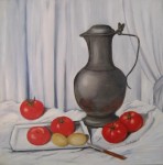 realistisch stilleven: tinnen kan met tomaten realistisch stilleven: tinnen kan met tomaten