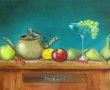 klassiek stilleven: koper en fruit op tafel Kunstwerk klassiek stilleven: koper en fruit op tafel