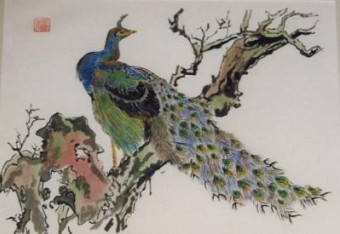 chinese penseelschildering: PAUW OP BOOMSTRONK
