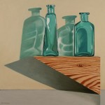 Stilleven van groene flessen en hun schaduwen Stilleven van groene flessen en hun schaduwen