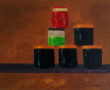 Stilleven met vier donkere potjes.  Kunstwerk Stilleven met vier donkere potjes.