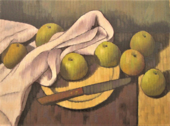 Appels met doek, bord en mes Appels met doek, bord en mes