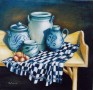 stilleven: keulse potten in avondzon Kunstwerk stilleven: keulse potten in avondzon
