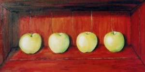 stilleven: VIER APPELS IN ROODBRUIN KISTJE stilleven: VIER APPELS IN ROODBRUIN KISTJE