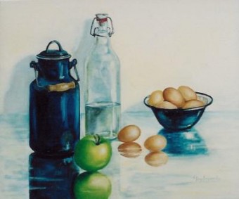 realistisch stilleven:BLAUW EMAILLE MELKKAN MET EIEREN realistisch stilleven:BLAUW EMAILLE MELKKAN MET EIEREN
