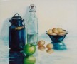 realistisch stilleven:BLAUW EMAILLE MELKKAN MET EIEREN Kunstwerk realistisch stilleven:BLAUW EMAILLE MELKKAN MET EIEREN