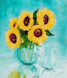Bloemstilleven: Zonnebloemen op spiegel Bloemstilleven: Zonnebloemen op spiegel
