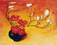 bloemstilleven:vaas tulpen met magnoliatak bloemstilleven:vaas tulpen met magnoliatak