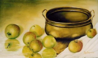 realistisch stilleven:KOPEREN SCHAAL MET APPELTJES realistisch stilleven:KOPEREN SCHAAL MET APPELTJES