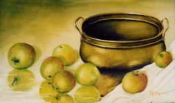 realistisch stilleven:KOPEREN SCHAAL MET APPELTJES realistisch stilleven:KOPEREN SCHAAL MET APPELTJES