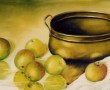 realistisch stilleven:KOPEREN SCHAAL MET APPELTJES Kunstwerk realistisch stilleven:KOPEREN SCHAAL MET APPELTJES