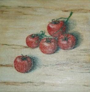realistisch stilleven: EEN TROSJE TOMATEN realistisch stilleven: EEN TROSJE TOMATEN