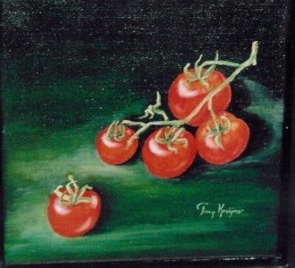 realistisch stilleven: Vijf rode tomaatjes