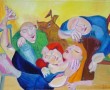 Slapende familie met hond Kunstwerk Slapende familie met hond