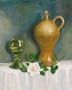 klassiek realistisch stilleven: Wijnkruik met roos en roemer Kunstwerk klassiek realistisch stilleven: Wijnkruik met roos en roemer