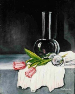 realistisch bloemstilleven:Roze Tulpen met glazen karaf realistisch bloemstilleven:Roze Tulpen met glazen karaf