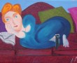 vrouw op rode sofa Kunstwerk vrouw op rode sofa