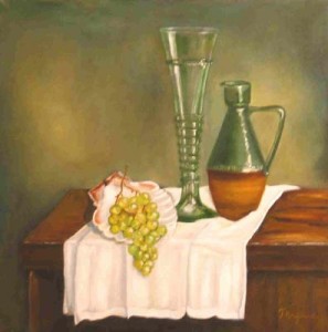 realistisch stilleven: Antiek wijnglas met Jacobsschelp