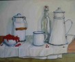 Kunstwerk realistisch stilleven: Wit emaille koffiekan, melkkan en schaaltje  rode bessen