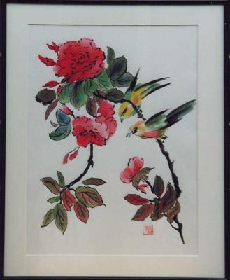 Chinese  penseelschildering:Vogels op bloemtak