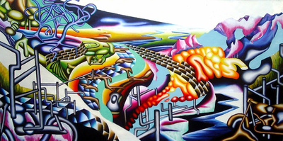 Landschap met motorfietsen en darmkanaal Landschap met motorfietsen en darmkanaal